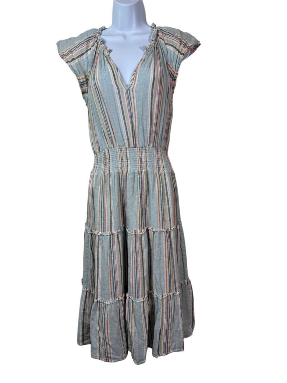 Rails Amelia Sage Harbour Stripe Tiered Midi Dress Linen Blend Size Small Green - Picture 15 of 16